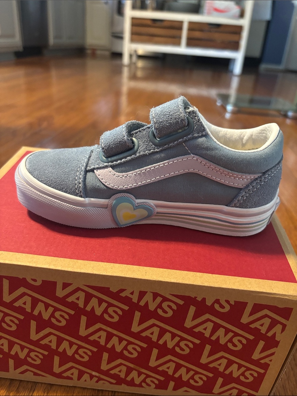 Vans Kids Light Blue and Pink Heart Velcro Sneakers